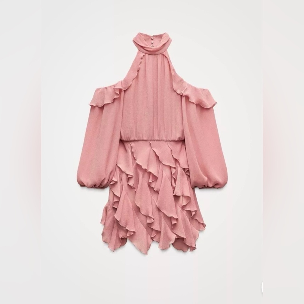 ZARA WOMAN HIGH COLLAR RUFFLED MINI DRESS MARSALA Size : Large, P2P: 17 inches - Picture 2 of 11